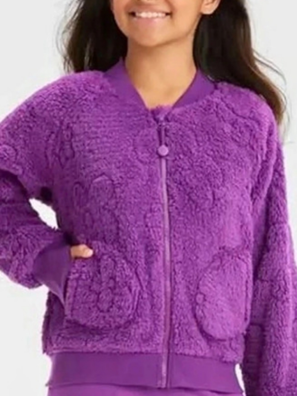 All in Motion Girls' High Pile Fleece Full Zip Sweatshirt Purple - Picture 2 of 6